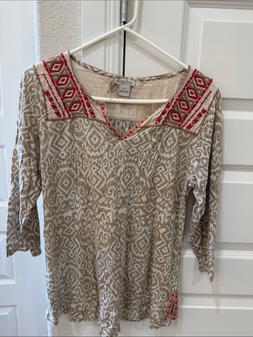 Lucky Brand Beige Tunic with Red Embroidered Yoke